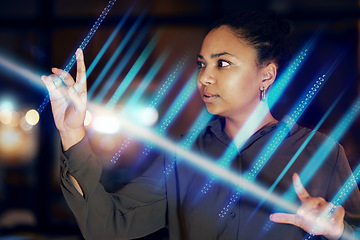 Image showing Black woman, hands and digital hologram at night for future technology or cyberspace at office. African American female touching virtual, futuristic or holographic 3D dashboard working late in tech