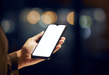Image showing Phone screen, night and person hands for mobile app mockup, website product placement or global networking. Woman hand holding smartphone or cellphone for Web 3.0 mock up space or chat application ux