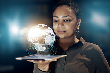 Image showing Tablet hologram, global network or black woman with world data analysis, worldwide earth communication or globe networking. Cloud computing ai network, holographic planet ui or future person at night