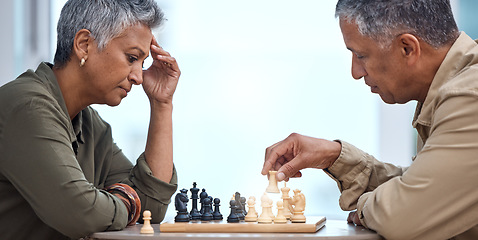 Image showing Strategy, moving and thinking with old couple and chess for bonding, competition and mental exercise. Relax, problem solving and smart with man and woman at home for board games, checkmate or contest