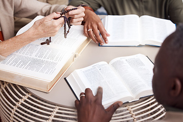 Image showing Bible, prayer group and people hands for religion support, faith and christian worship or spiritual connection. Holy book, reading and praying in diversity, community and hope of men and women