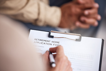 Image showing Retirement home, form application and woman hand writing resident information at meeting. Senior clinic contract, documents and health care paperwork for elderly housing and assistant living facility