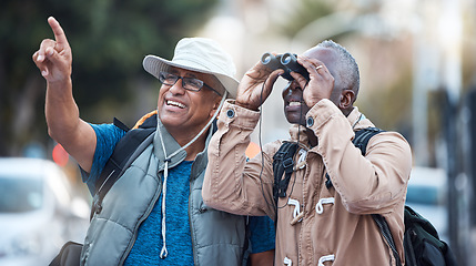 Image showing Binoculars, city and men travel outdoor of discovery, explore vacation or tourist adventure walk. Happy friends, tourism and sightseeing search in sky, lens or journey direction of holiday experience