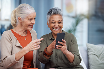 Image showing Elderly women, phone social media and living room with senior females with mobile connectivity. Video streaming, happiness and conversation at a house with old people together on technology at home