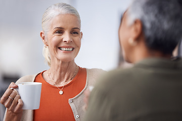 Image showing Coffee, smile and senior woman in a conversation with her friend in a cafe in the morning. Happy, excited and elderly female talking to a lady while drinking a warm beverage in a coffee shop together