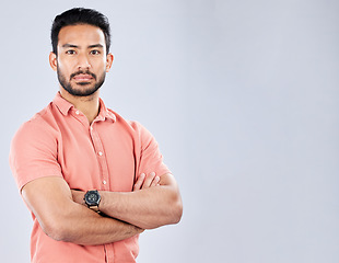 Image showing Portrait, arms crossed and business man in studio isolated on a gray background mockup. Boss, professional or serious male entrepreneur from Singapore with career pride, confidence or success mindset