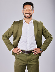 Image showing Business, smile and portrait of Asian man in studio isolated on a gray background. Ceo, boss and happy male professional or entrepreneur from Japan with career pride, confidence and success mindset.