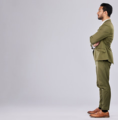 Image showing Thinking, mockup and business man with arms crossed in studio isolated on a gray background. Idea, decision and confident male entrepreneur, ceo or boss contemplating with marketing or copy space.