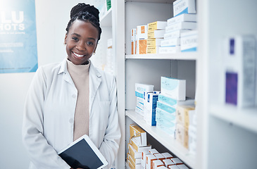 Image showing Pharmacy portrait, product shelf or black woman with stock take in retail drugs store or healthcare shop. Pharmaceutical clinic, supplement pills inventory or medical pharmacist with tablet checklist