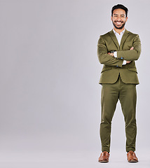 Image showing Fashion, business and portrait of a man in a studio with a luxury, stylish and corporate suit. Happy, smile and full length of a male model with a fancy outfit by a gray background with mockup space.