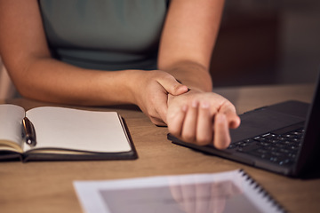 Image showing Carpal tunnel, pain and business woman at desk working with wrist massage, arthritis or muscle check. Worker or professional person hands closeup in medical injury from typing or writing on computer