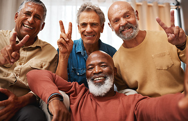 Image showing Peace, happy and portrait of men with a selfie, bonding and memory during retirement. Party, smile and elderly friends with a hand sign for happiness, quality time and photo at home together