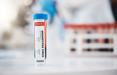 Image showing Healthcare, blood and monkeypox sample in a lab for research, innovation or the development of a cure. Medical, dna and vaccine with a vial of bloodwork in a laboratory for study or examination