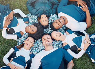 Image showing Relax, cheerleader and sports with people on field for training, gymnastics and solidarity from top view. Happy, college and motivation with group of friends for cheerleading, fitness and event