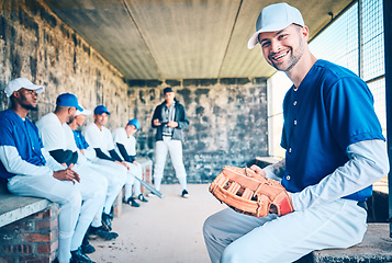 Image showing Baseball player, sport dugout and portrait of a man with sports team with happiness from game. Happy, smile and athlete from Spain feeling happy from exercise, fitness and group training for softball