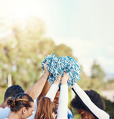 Image showing Cheerleader, sports motivation or people cheerleading in huddle with support, hope or faith on field in game. Team spirit, fitness or group of cheerleaders with pride, goals or solidarity together