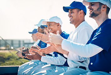 Image showing Baseball, sports celebration and team applause for game victory, winning match and competition on field. Motivation, teamwork and happy men clapping hands, cheering and celebrate tournament success
