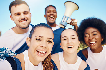 Image showing Cheerleader selfie, sports portrait or happy people cheerleading with support, hope or faith in game. Team spirit, fitness or group of excited cheerleaders with pride, goals or solidarity together