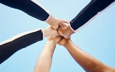 Image showing Cheerleaders, sports motivation or hands in huddle with support, hope or faith on field in game. Team spirit, blue sky or cheerleading group with inspiration, goals mission or solidarity together