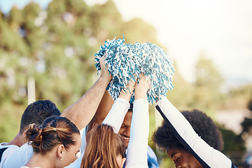 Image showing Cheerleaders, sports motivation or people in huddle with support, hope or faith on field in game together. Team spirit, fitness or group of cheerleading young athlete with pride, goals or solidarity