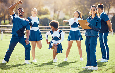 Image showing Cheerleader, coach portrait or cheerleading team with support, hope or faith in strategy on field. Sports mission, fitness or cheerleading group in stretching warm up together by happy woman outdoors