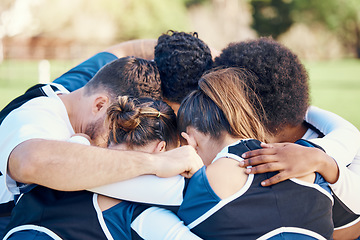 Image showing Cheerleaders, sports teamwork or people in huddle with support, hope or faith on field in game together. Mission, strategy or group of cheerleading young athlete with motivation, goals or solidarity