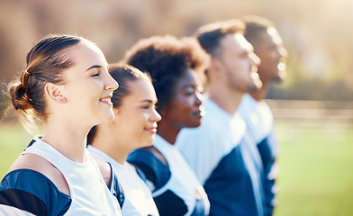 Image showing Cheerleaders, sports line or people cheerleading with support, hope or faith on field in match game. Team spirit, blurry or happy young group of athletes with pride or solidarity standing together