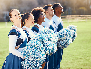 Image showing Cheerleader portrait, sports line or people cheerleading with support, hope or faith on field in match game. Team spirit, blurry or happy group of athletes with pride or solidarity standing together