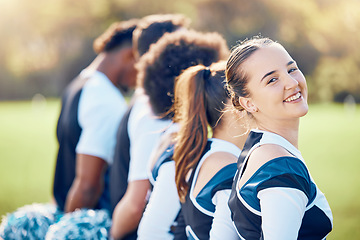 Image showing Cheerleader portrait, start or girl cheerleading in huddle with support, hope or faith on field in line. Team spirit, smile or happy cheerleading sports group with pride, goals or solidarity together