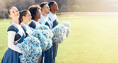 Image showing Cheerleader, stadium field or people cheerleading in huddle with support, hope or faith in game or line. Mock up, sports or group of cheerleaders with pride, motivation or team solidarity together