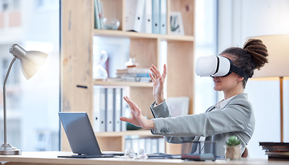 Image showing VR, laptop and woman in office interaction, futuristic software and cyberpunk experience in online business. Virtual reality glasses, high tech and electronics of professional person in 3D metaverse