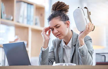 Image showing Woman, headache and virtual reality glasses with stress, burnout and worker in workplace. Female employee, manager or administrator with vr, pain or depression with fatigue, frustrated or technology