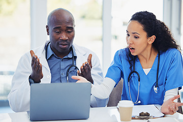 Image showing Shocked, surprised and laptop of doctors with research, hospital meeting and medical results fail, risk or crisis. Discussion, confused and stress healthcare nurses, team or black people on computer