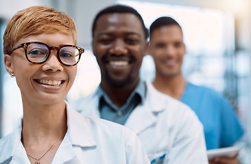 Image showing Black woman, portrait and doctors smile for teamwork, healthcare leadership and hospital management. Group, happy medical employees and face of clinic collaboration, surgery trust or medicine support