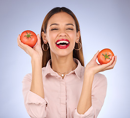Image showing Portrait, black woman and tomatoes for diet, vegan and healthy lifestyle against a grey studio background. Face, Jamaican female and lady with red vegetables, aesthetics and wellness with happiness