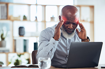 Image showing Business, headache and black man with laptop, stress and burnout with red highlight, overworked and tired. African American male employee, leader or manager with device, migraine or anxiety with pain