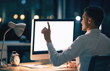 Image showing Night, computer screen and man with mockup space for digital interaction, product placement or website design. Business man or professional person on desktop pc in mock up for press or point at app