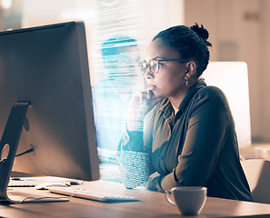 Image showing Overlay, programming and code with a black woman developer thinking while working on a ux, ai or 3d interface. Computer, software and data with a female employee or programmer coding an app at work