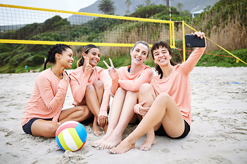 Image showing Volleyball, peace sign and friends take selfie at the beach after exercise, workout or training. Teamwork smile, sports and group of women or girls taking pictures with v hand emoji for happy memory