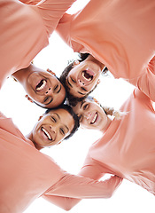 Image showing Happy, circle and portrait of women from the bottom with diversity, unity and community. Happiness, smile and multiracial female friends laughing, bonding and standing together by a white background.