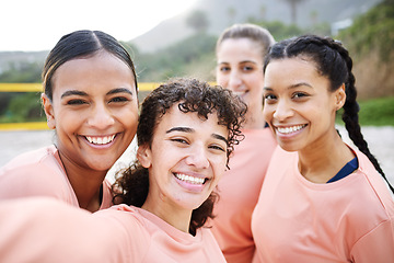 Image showing Selfie portrait, volleyball and women on beach with smile excited for sports game, match and competition. Friendship, teamwork and happy female athletes take picture in training, practice and fitness