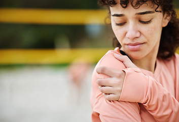 Image showing Shoulder pain, fitness and woman with injury at beach after volleyball accident, workout or training. Health, sports and female with fibromyalgia, inflammation or painful arm, arthritis or tendinitis