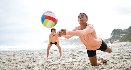 Image showing Volleyball, sports and teamwork of women at beach hitting ball in competition, game or match mockup. Training, exercise and girls, players or friends play for workout, fitness and health at seashore.