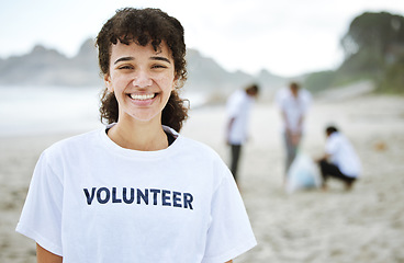 Image showing Smile, portrait and volunteer woman at beach for cleaning, recycling or environmental sustainability. Earth day, happy face and proud female for community service, charity and climate change at ocean