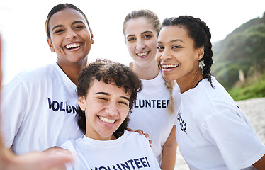 Image showing Portrait, selfie and volunteer women at beach taking pictures for earth day, environmental sustainability or recycling. Charity, community service and group smile of happy girls or friends laughing.