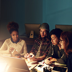 Image showing College teamwork, laptop and night students working on web search for university research, digital IT database or project. Education learning, school study or diversity people review of online report