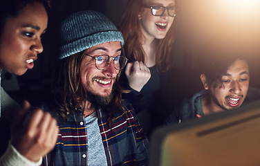 Image showing Computer, cheers and night team celebrate programming ERP software, cybersecurity success or code completion. Collaboration, ai developer or happy programmer done with coding cloud computing database