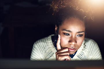 Image showing Web designer, face of black woman and thinking, night shift and reading in dark with deadline. Content research, serious female and working late at digital marketing startup in Chicago and webdesign