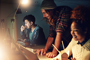 Image showing Night, office startup and young people in information technology, computer software development and coding deadline. Team, employees or person working on laptop in digital solution and takeaway food