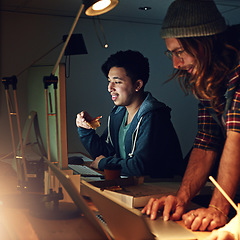 Image showing Coworking office, computer or night students working on web search for university research, digital IT database or project. Education learning, school study or diversity people review online software